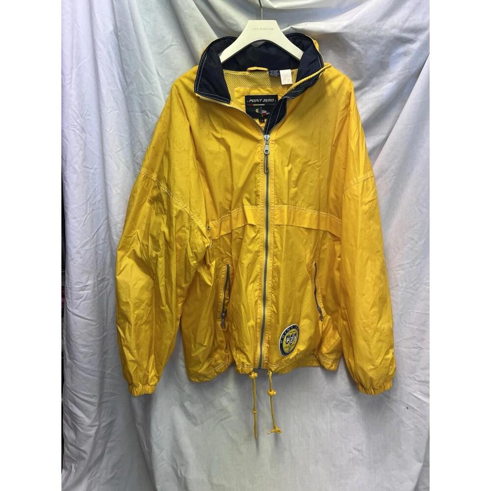 Point Zero Mens windbreaker  Size Large Bright Yellow GUC Safety Signals Badge